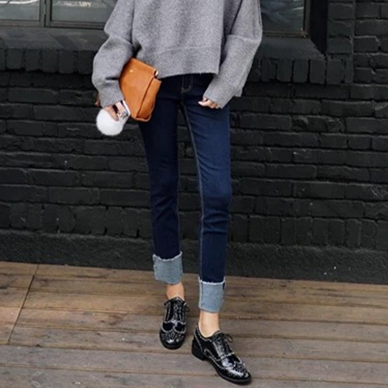 Brin home rolled-edge straight jeans women's 2021 spring new dark blue chic high waist thin slim nine-point pants