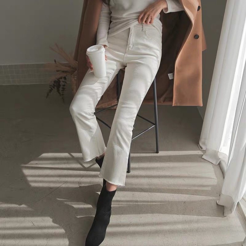 Brin white micro-la jeans women's 2021 spring new Korean version of high waist thin tight nine-point flared pants
