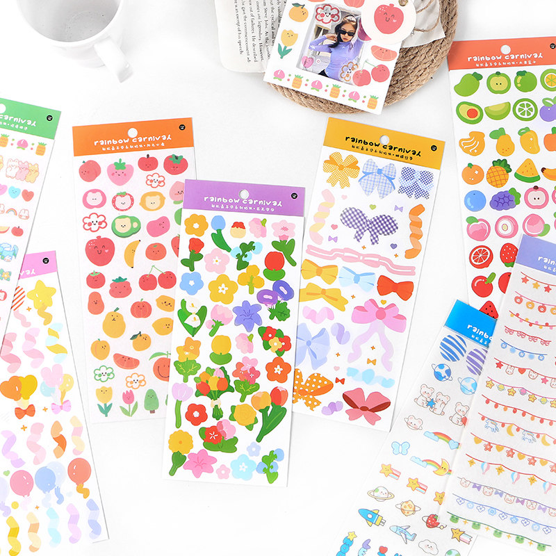 8 Stickers Rainbow Cute Foundation Handbooks Grow Book Diy Material Patch Fruit Flowers Cartoon Butterfly Knot