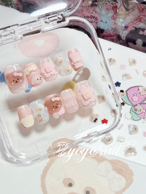 Yoyonail Handmade Wearable Nails Twoi Little Bear Style Pink Bow Phototherapy Nails Manicure for Pregnant Women Yoyonail Handmade Wearable Nails Twoi Little Bear Style Pink Bow Phototherapy Nails Manicure for Pregnant Women