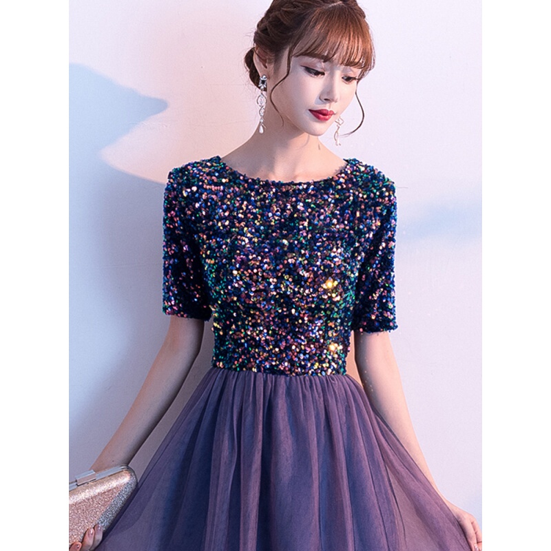 Evening Dress for Women, New Trendy Luxury Niche Style for Banquets, Elegant Purple Sequin Choir Performance Dress for Female Host Solo Performance