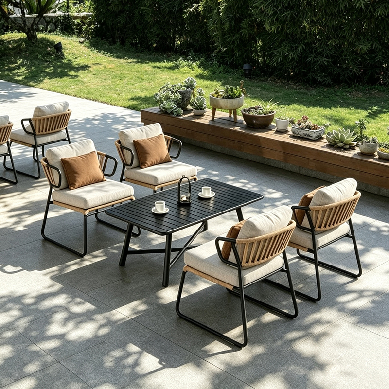 Outdoor Aluminum Alloy Tables and Chairs, Courtyard Terrace, Garden, Leisure, B&B, Hotel, Cafe, Outdoor Seating Area, Rope Woven Sofa Chair