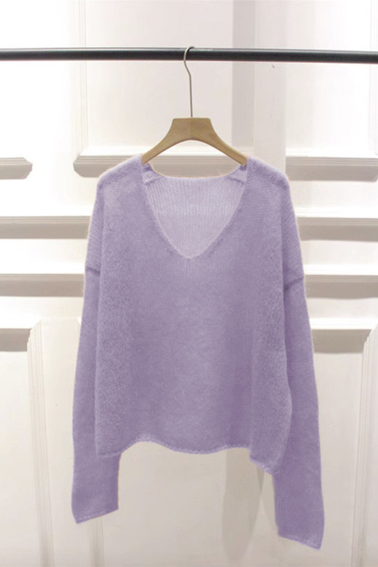 French-Style V-Neck Purple Mohair Sweater for Women, New Spring and Autumn Hollow-Out Versatile Loose Lazy Age-Reducing Pullover Top