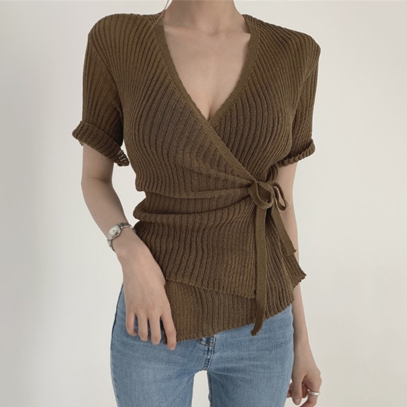 Korean Style Lazy Cross-Tie Waist Slimming Knitted Short-Sleeve T-Shirt for Women, Summer Thin Sexy V-Neck Top