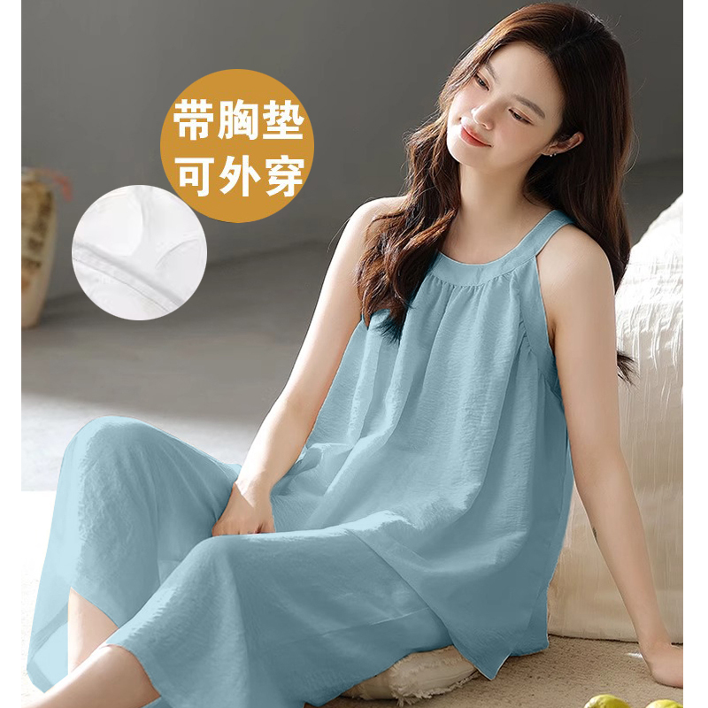 Women's Summer Thin Cotton Pajamas with Chest Pads, Camisole and Cropped Pants, Casual Loose Loungewear Set for Young Ladies Women's Summer Thin Cotton Pajamas with Chest Pads, Camisole and Cropped Pants, Casual Loose Loungewear Set for Young Ladies