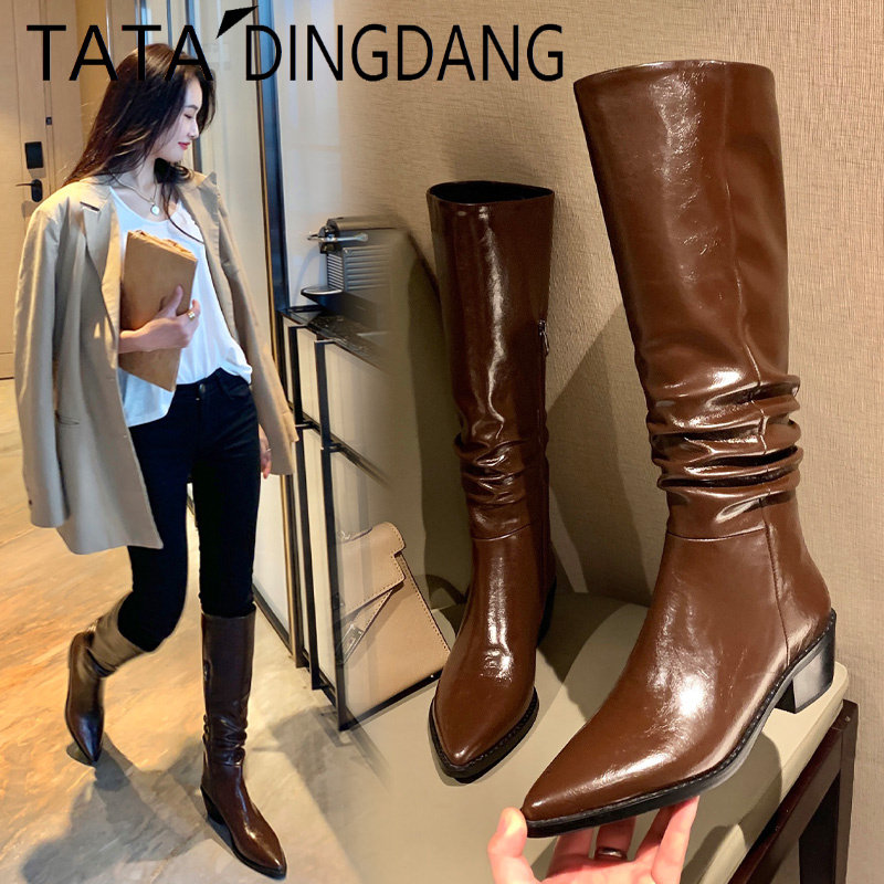 TATA DINGDANG genuine leather long cylinder boot riding boots pointed western denim boots brown long boots on her female shoes