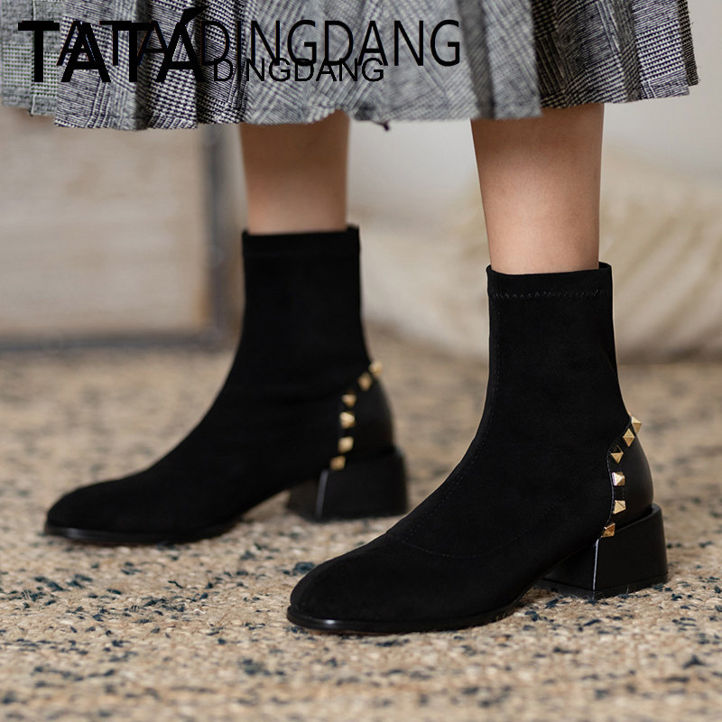 TATA DINGDANG Short boot female single boot in thick heel elastic net red skinny boots She's his female shoe rivet Sox boots