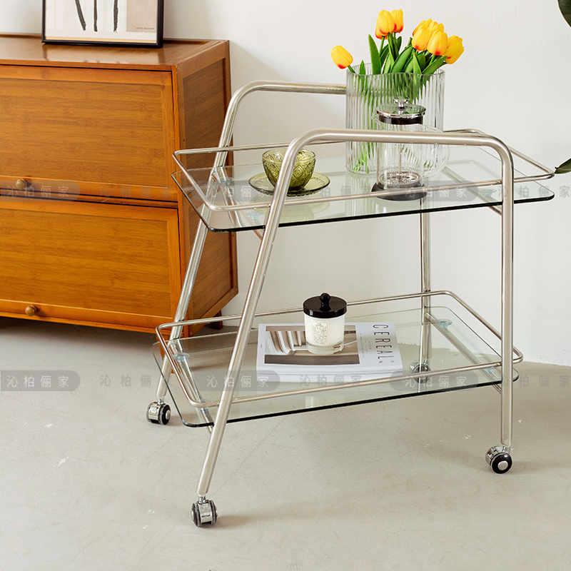 European-style stainless steel light luxury sofa glass side table removable with wheels small coffee table trolley rack home storage
