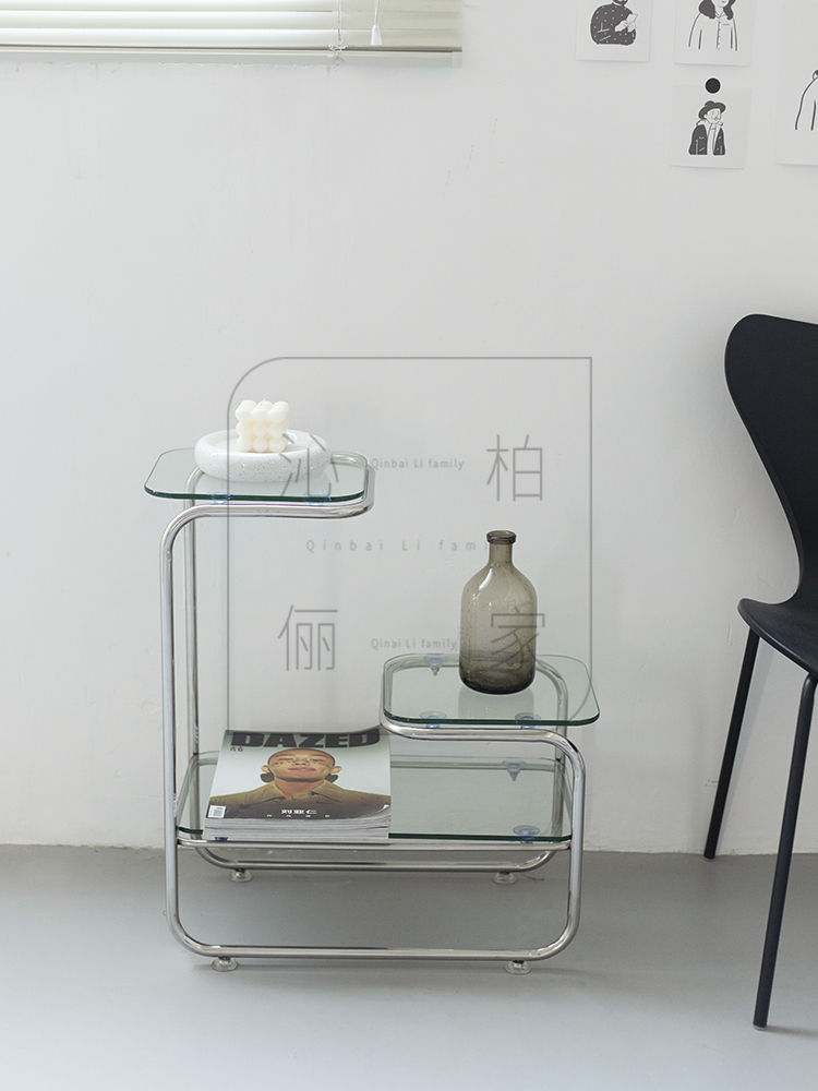 Nordic medieval coffee table stainless steel side a few ins style net red light luxury small apartment creative transparent glass bedside table