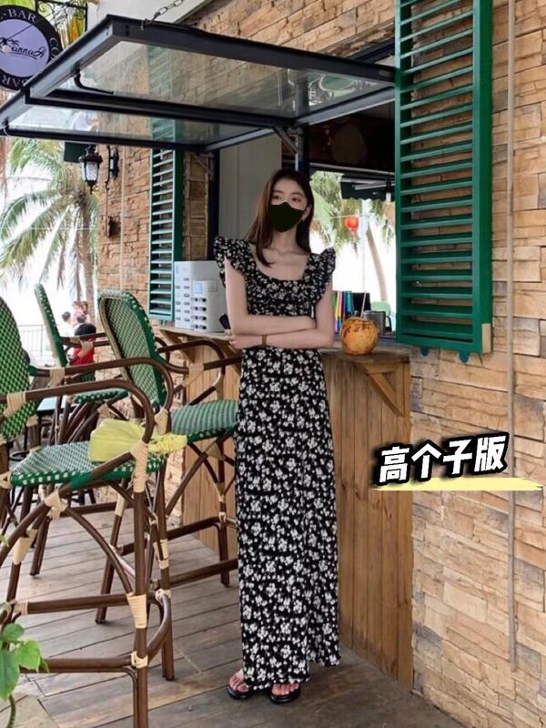 1077 Tall Women's Long Floral Black Dress, Feminine and Slim-Fitting, Summer Ankle-Length Ruffle Collar Dress 1077 Tall Women's Long Floral Black Dress, Feminine and Slim-Fitting, Summer Ankle-Length Ruffle Collar Dress
