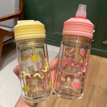 Double plastic suction tube Cup cute girl heart ins Cup creative personality trend student portable water cup anti-fall
