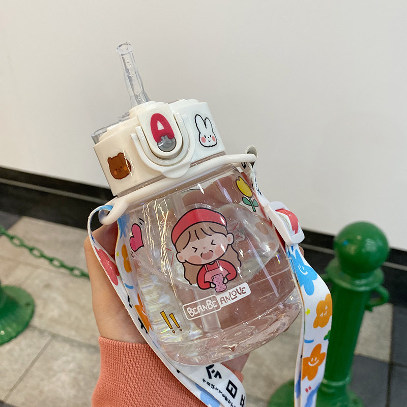 Korean version of high-value straw water cup simple portable small fresh plastic cup children cute student girl heart water bottle
