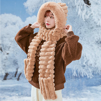 Winter Plush Warm Hat Scarf One Ladies Cold-proof Versatile Cute Hooded Gloves Three-piece Set Big Thick Strips