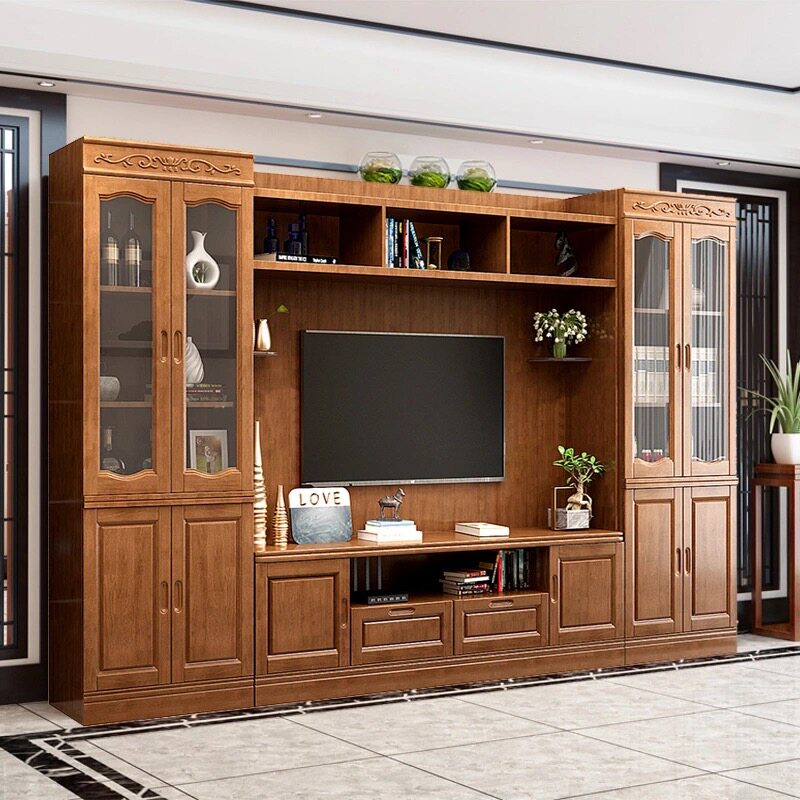 Living Room Solid Wood Modern Chinese Small Household Type High TV Cabinet Combo Background Wall Cabinet New Oak Economy Type Getaway Cabinet