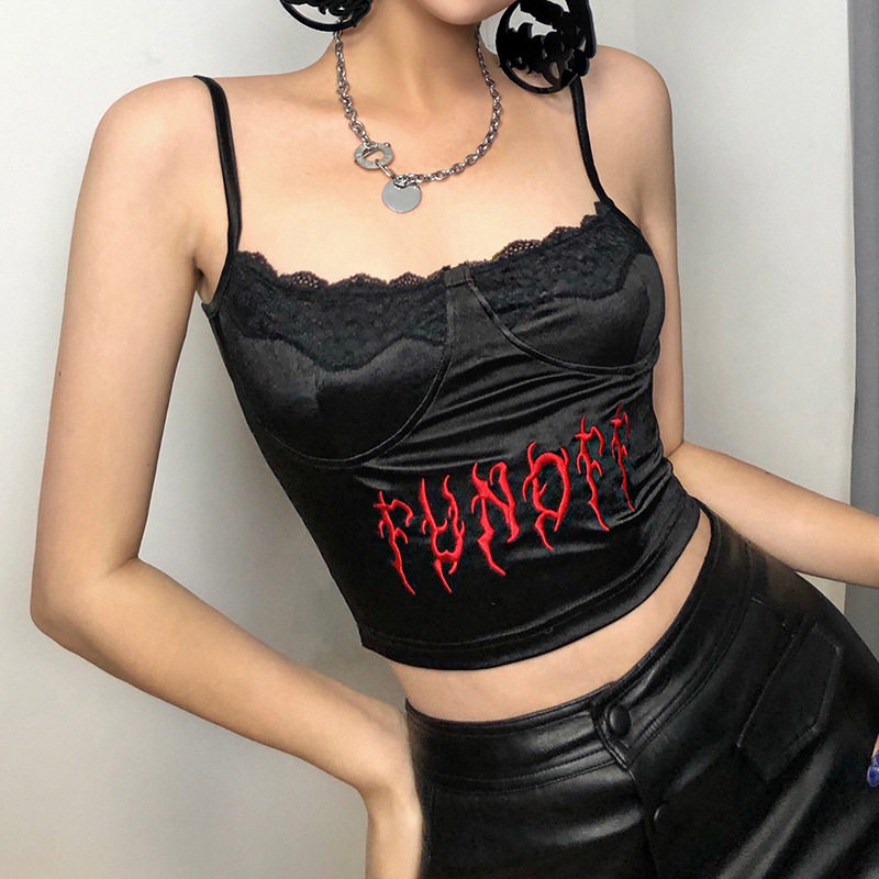 2021 Spring new European and American trendy women's clothing abstract embroidery lace splicing vest sexy sashimi collar harness