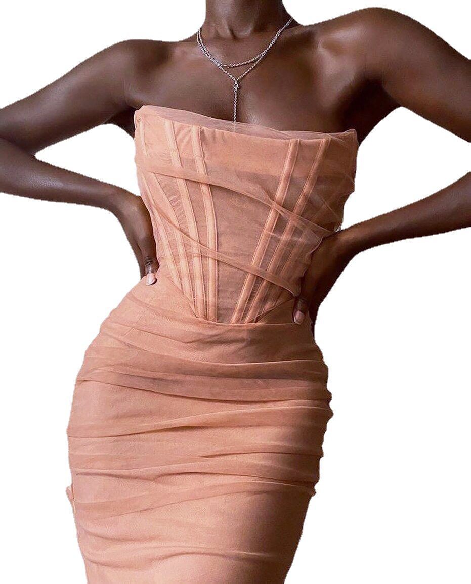 2021 Summer women's dress new European and American nightclub Sexy open-shoulder lined web yarn wrapped in a plethora of pure dresses