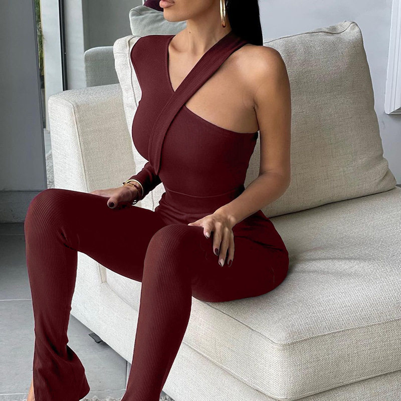 2022 Spring Summer season European and American personality featured single shoulder long sleeve blouses for sexier and irregular pure color Lionewoman