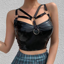 European and American sexy backless patent leather wrap top new punk style pu nightclub womens slip shirt slim dress