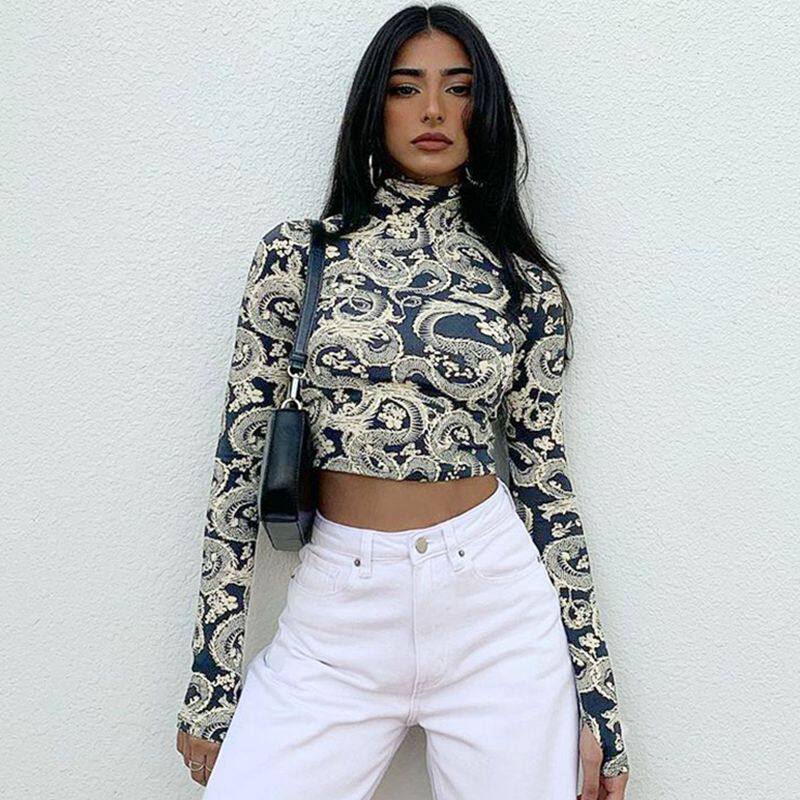 2020 autumn and America's new dragon tattooy vintage printed sexy rucord high collar high neckline with slim long sleeve T-shirt blouse