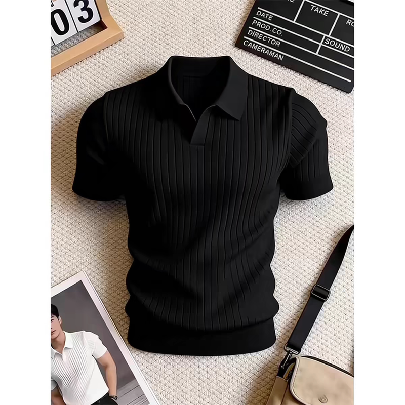 Seagull Collar Slim-Fit Short-Sleeve Knit Polo Shirt for Men, Summer Old Money Style, High-End Slim Fit, Stylish T-Shirt