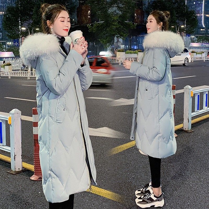 Down jacket Women's mid length 2023 Winter new blue heft fashion foreign air big fur collar exploits with knee jacket-Taobao