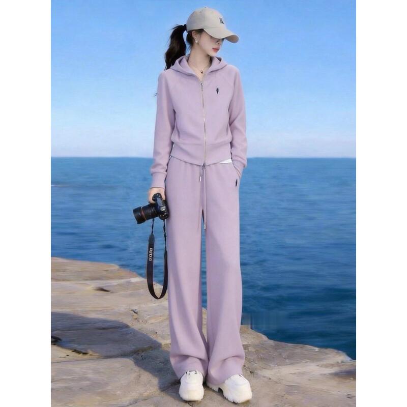 Fashionable and Youthful Purple Casual Sports Suit for Women, Spring 2026 New High-End Jacket and Wide-Leg Pants Two-Piece Set