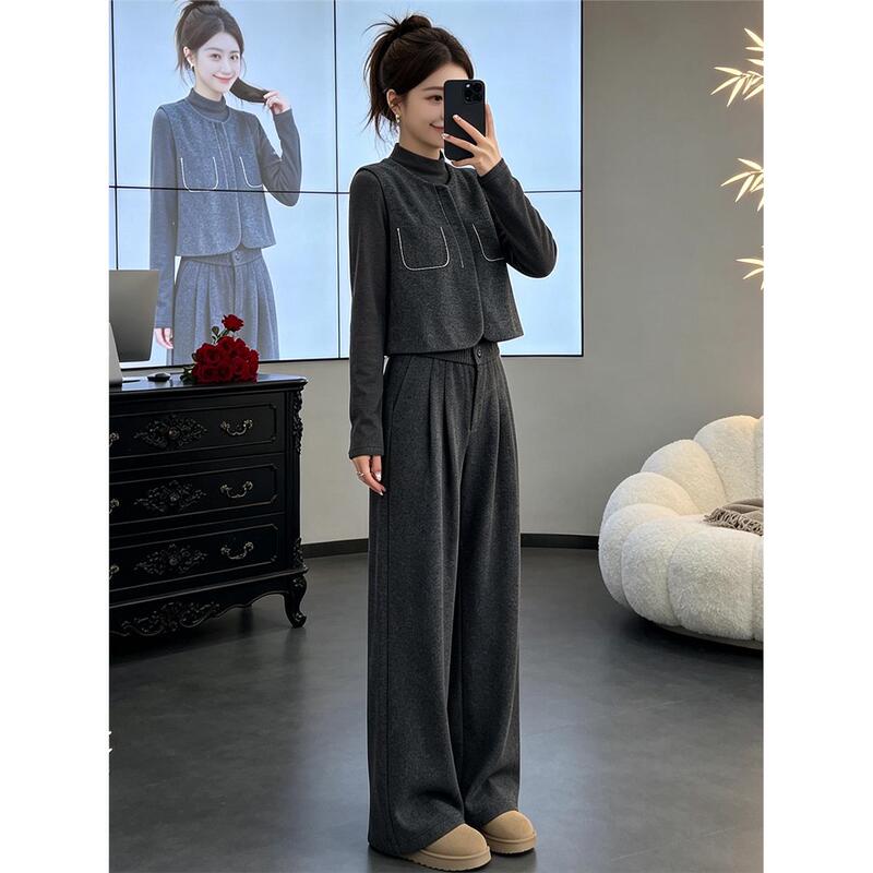 High-End Casual Sports Suit for Women 2026 Autumn High-End Dark Gray Vest, Base Shirt, Wide-Leg Pants Three-Piece Set