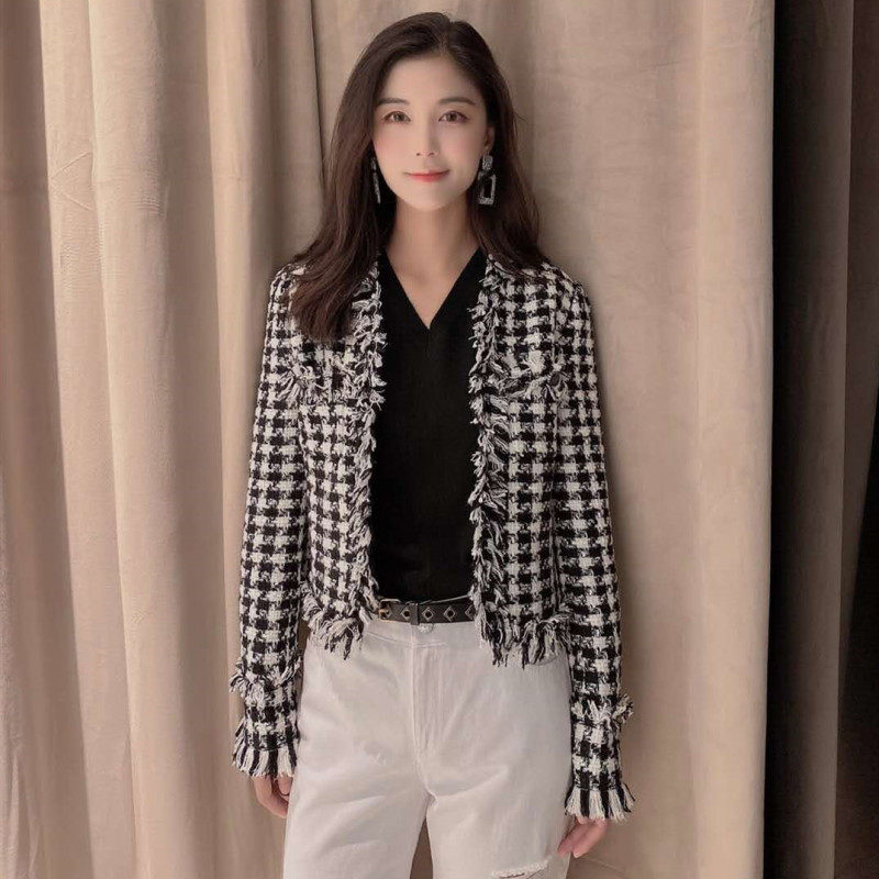 Oamashi women's clothing 2023 spring and autumn new counter official website tassel small fragrance houndstooth short coat female