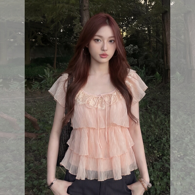 Dopamine Style Pink Chiffon Short-Sleeved Shirt for Women, Summer Ruffled Babydoll Top with Lace Splicing, Chic Blouse