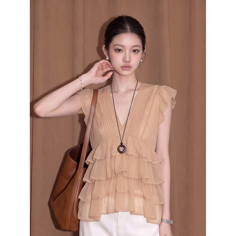 French-Style Pure and Alluring Lace-Trimmed V-Neck Chiffon Blouse for Women, Summer, Stunning Multi-Layered Ruffles, Small Flutter Sleeves Top French-Style Pure and Alluring Lace-Trimmed V-Neck Chiffon Blouse for Women, Summer, Stunning Multi-Layered Ruffles, Small Flutter Sleeves Top