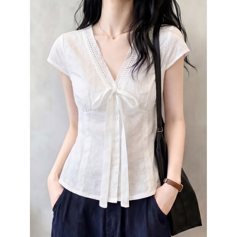 French-Style Crochet Hollow Embroidery Short-Sleeved Shirt for Women in Summer with Bow Tie, Waist-Cinching, Slimming V-Neck Top French-Style Crochet Hollow Embroidery Short-Sleeved Shirt for Women in Summer with Bow Tie, Waist-Cinching, Slimming V-Neck Top