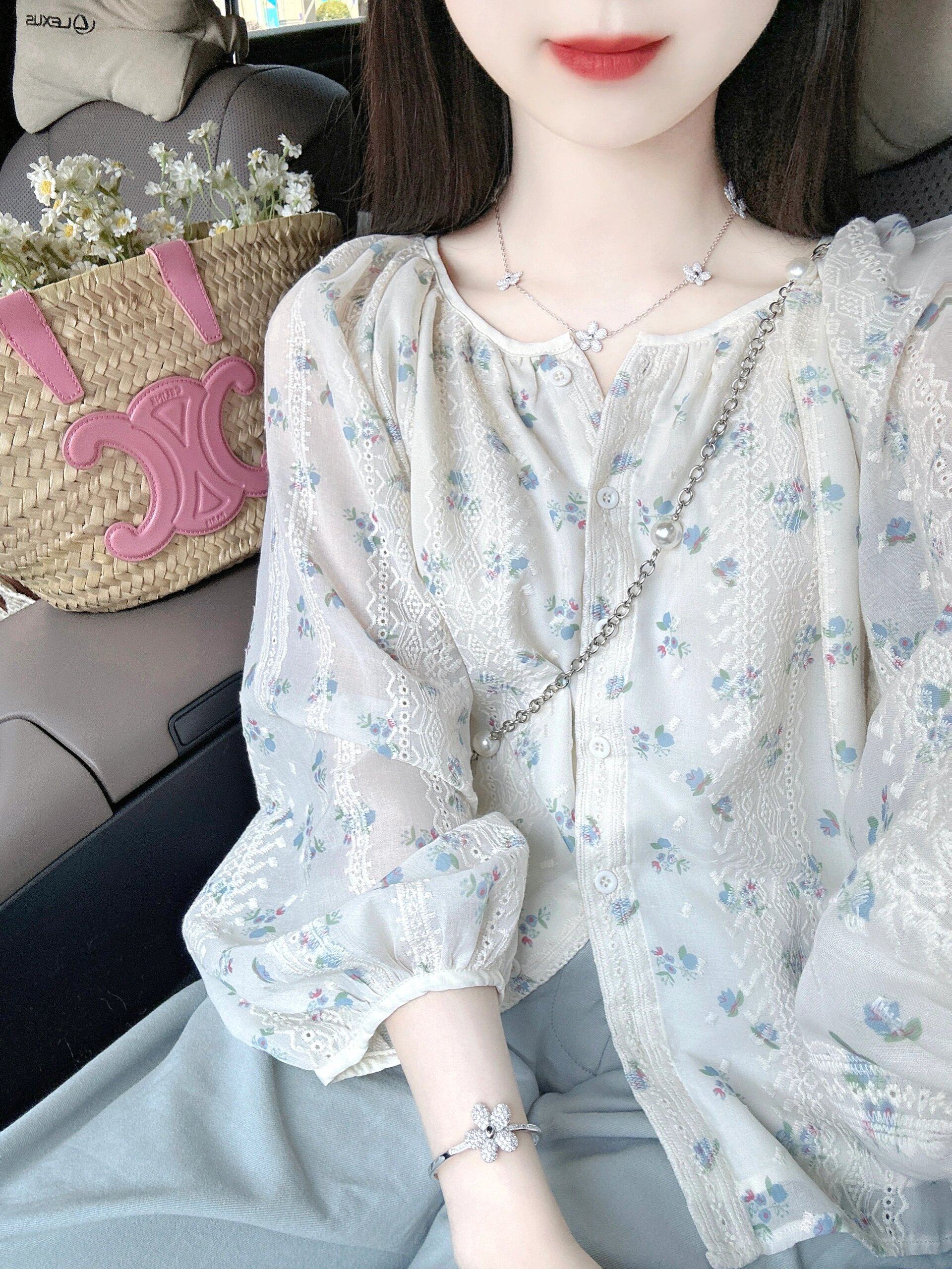 Цветочная шифоновая кружевная кукольная рубашка с пышными рукавами и цветочным принтом, женская летняя красивая маленькая рубашка, дизайнерская рубашка с нишевым солнцезащитным кремом