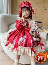 Girl red Lolita winter dress children worship year clothes little girl dress with velvet and thicker Christmas princess skirt