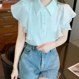 Шифоновая летняя рубашка, короткий рукав, по фигуре