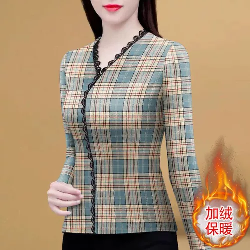 Кружевная флисовая приятная телу осенняя демисезонная футболка, для среднего возраста, в западном стиле, V-образный вырез, облегающий крой