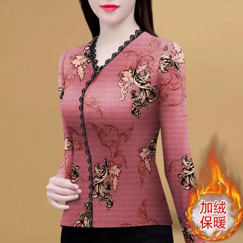 Кружевная флисовая приятная телу осенняя демисезонная футболка, для среднего возраста, в западном стиле, V-образный вырез, облегающий крой