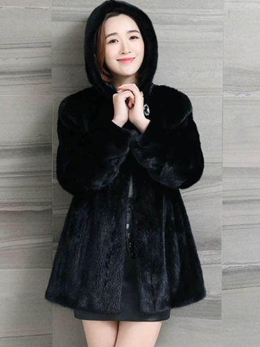 Новая шуба из искусственной норки для женщин, шуба из норки с капюшоном из искусственного меха норки, женская шуба средней длины, удобная