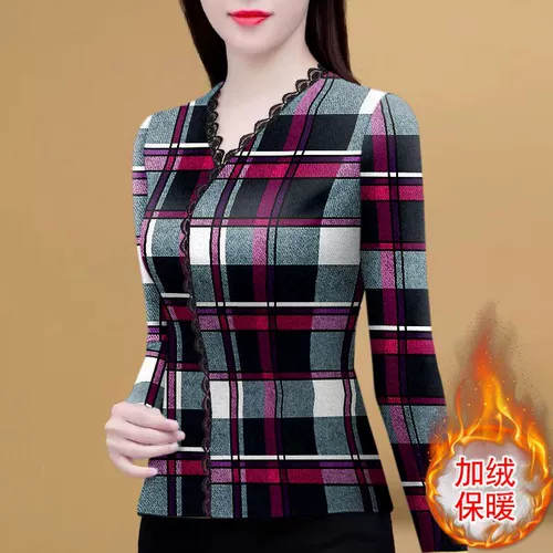 Кружевная флисовая приятная телу осенняя демисезонная футболка, для среднего возраста, в западном стиле, V-образный вырез, облегающий крой