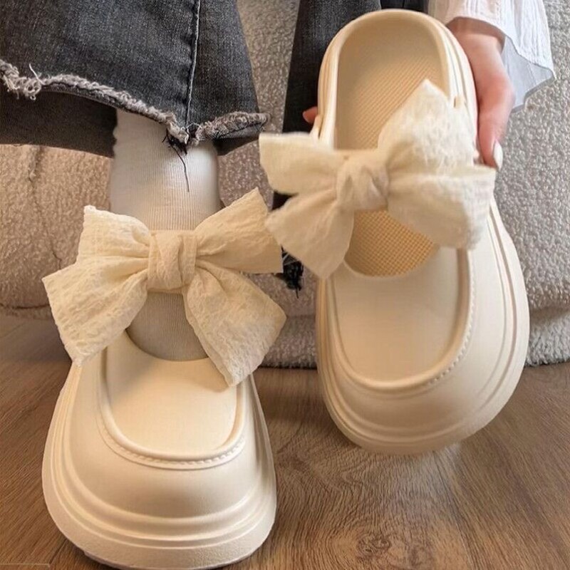 2025 New Model Mary Jane Thick-Soled Closed-Toe Slippers for Women, Outdoor Wear, Bow-Knot Clogs, Dual-Wear Slippers with a Stepping-On-Clouds Feel for Women