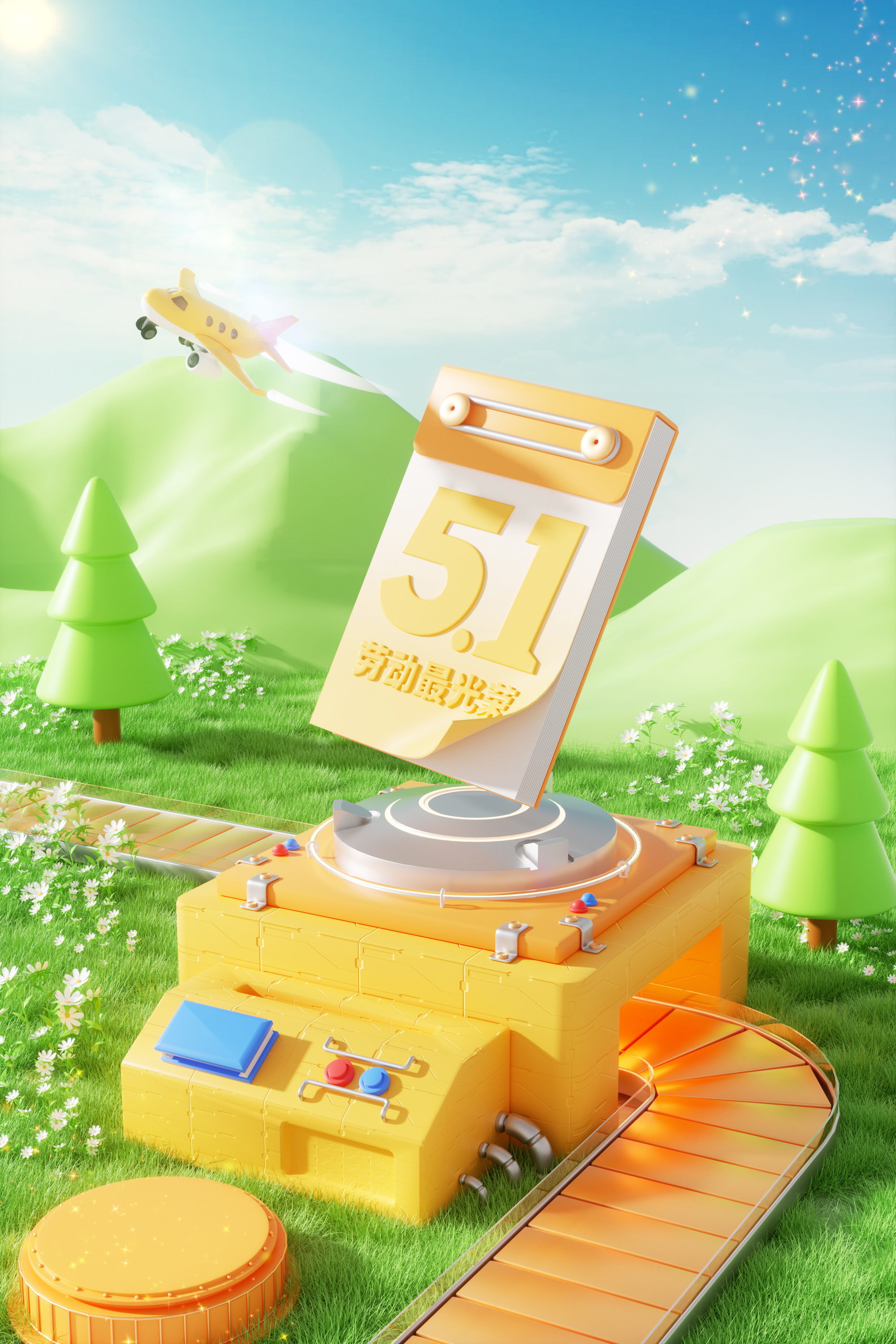 C4D五一劳动节卡通传输带电商展台3D模型场景OC渲染工程文件素材-cg男孩