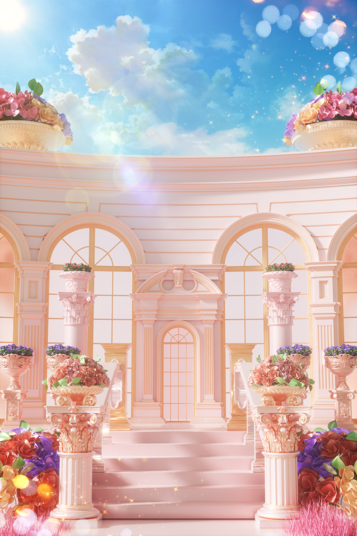 C4D欧式情人节粉色建筑鲜花展台OC渲染模型场景-cg男孩