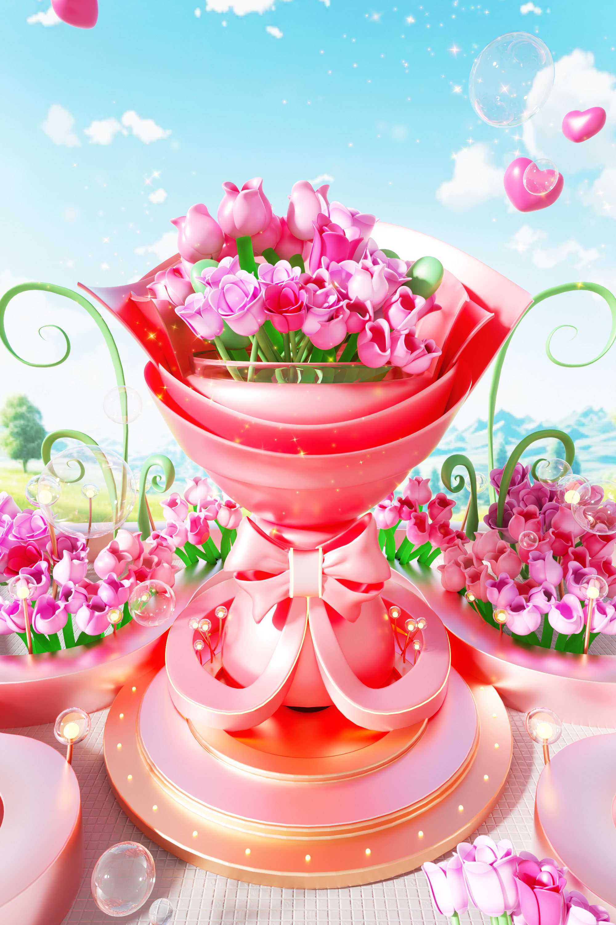 C4D粉色花束奖杯展台户外草地鲜花颁奖OC渲染场景-cg男孩