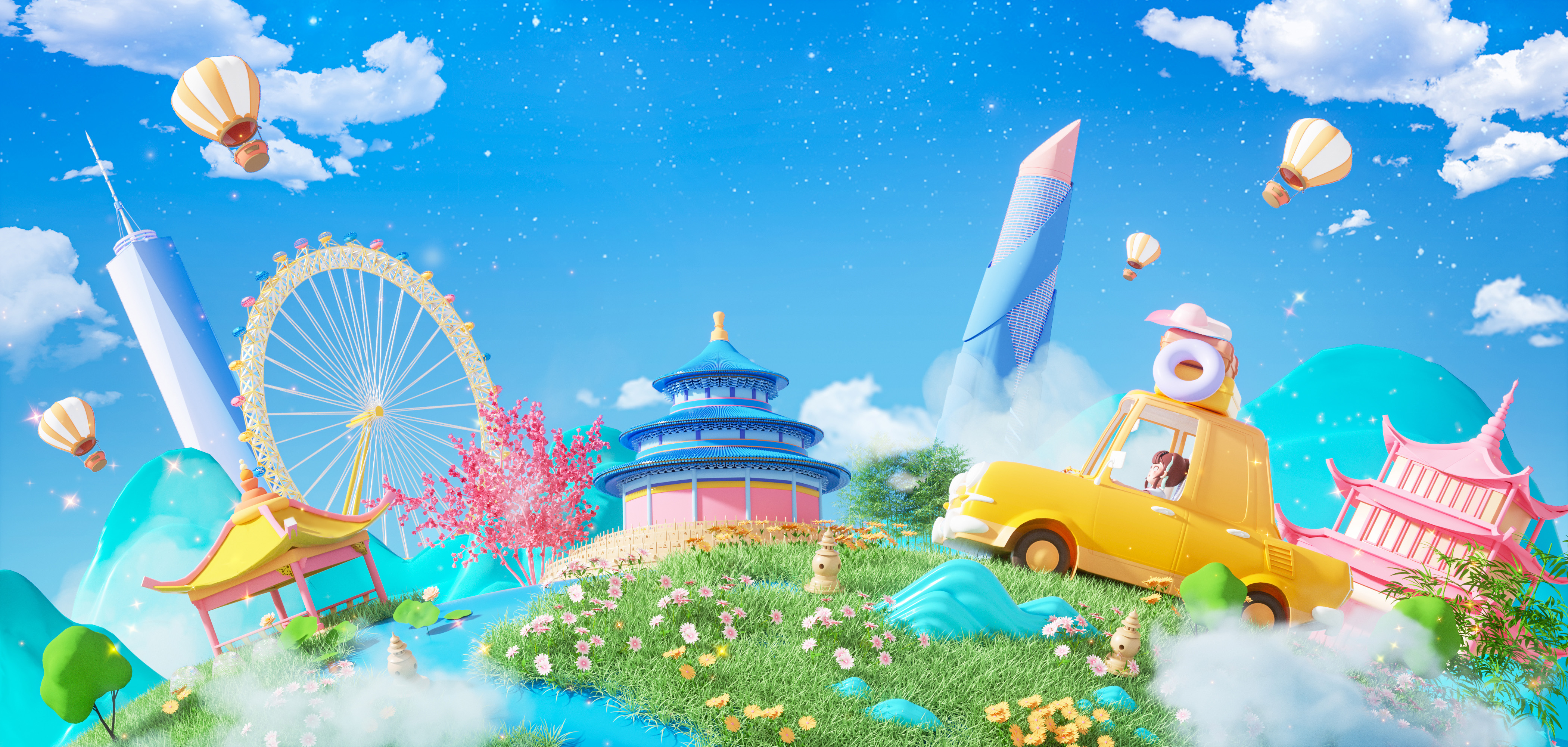 C4D春天踏青出游卡通假日建筑草地3D模型场景oc渲染工程-cg男孩