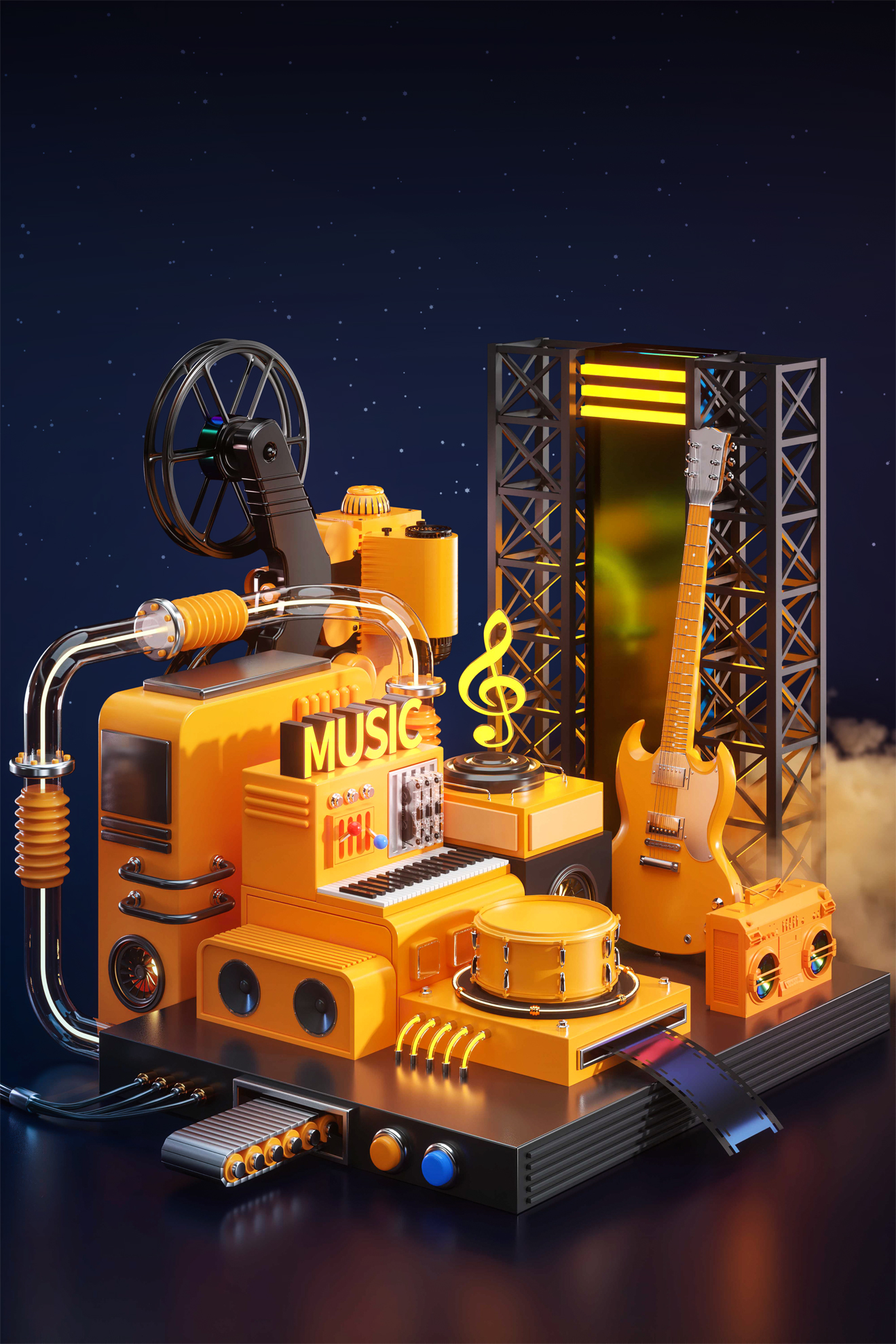 C4D夏天音乐节舞台电商海报OC渲染3D立体建模场景-cg男孩