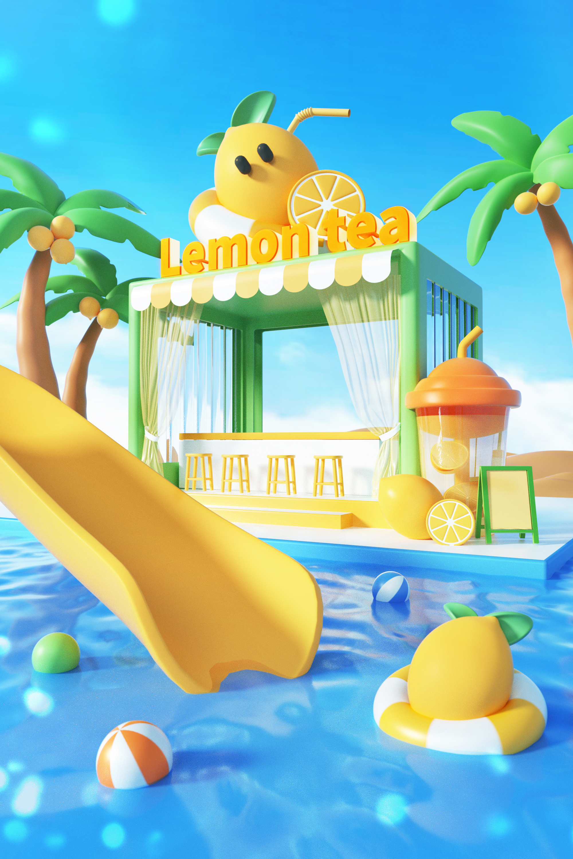 C4D创意卡通夏天夏日清凉水上乐园OC渲染3D场景-cg男孩