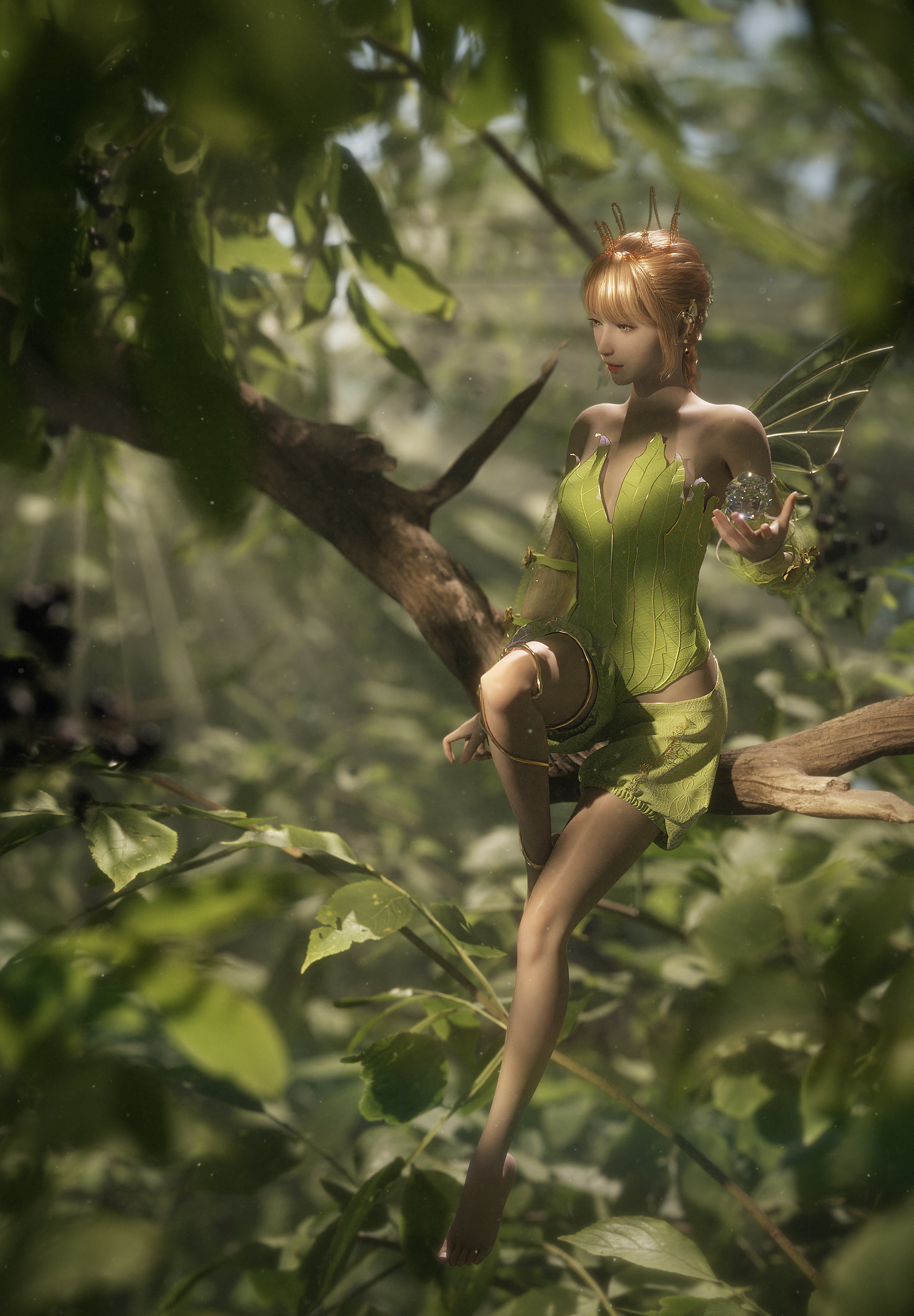 C4D森林树上植物精灵CG人物3D模型OC渲染场景-cg男孩