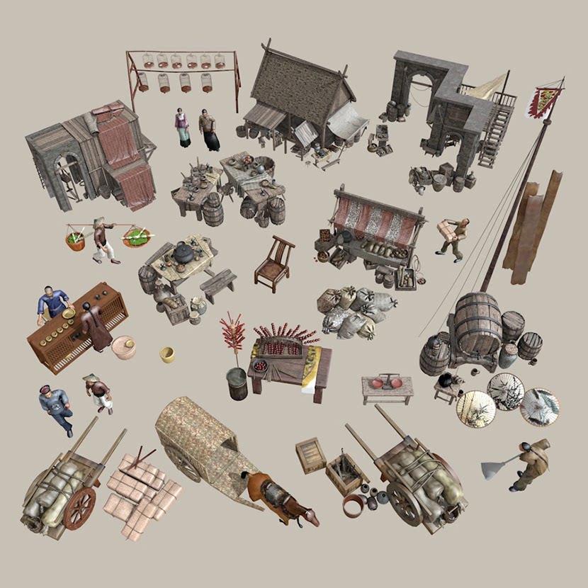 中式古代人商业街小品地摊位冰糖葫芦酒桶马车SU模型C4D素材FBX-cg男孩