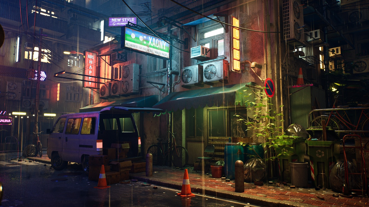 图片[6]-UE5雨天霓虹招牌赛博旧城市街道夜晚游戏场景 Rainy Neon Streets-cg男孩