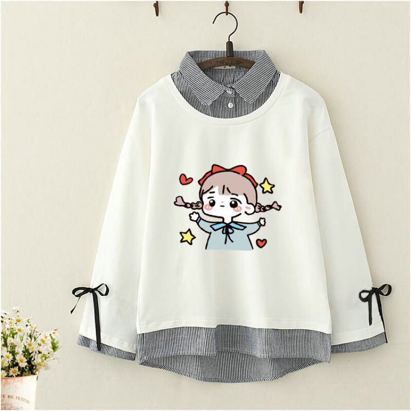 College style 20 spring and autumn small fresh cartoon fake two-piece sweater student girl soft cute girl long-sleeved T-shirt women's top