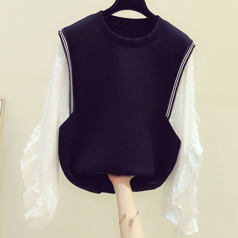 Pure Cotton Casual Blouse Women Round Neckline Lotus Leaf with long sleeves Collision Color 2020 Autumn Winter New 100 Lapped Temperament Two Tide Blouses